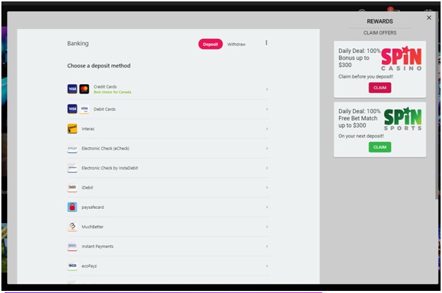 Deposit page of Spin Casino Canada