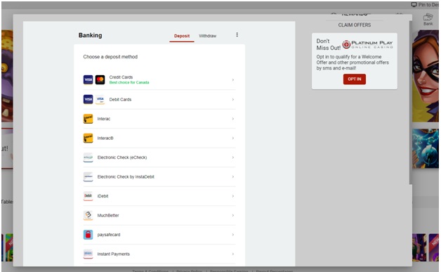Platinum Play mobile casino Canada- banking